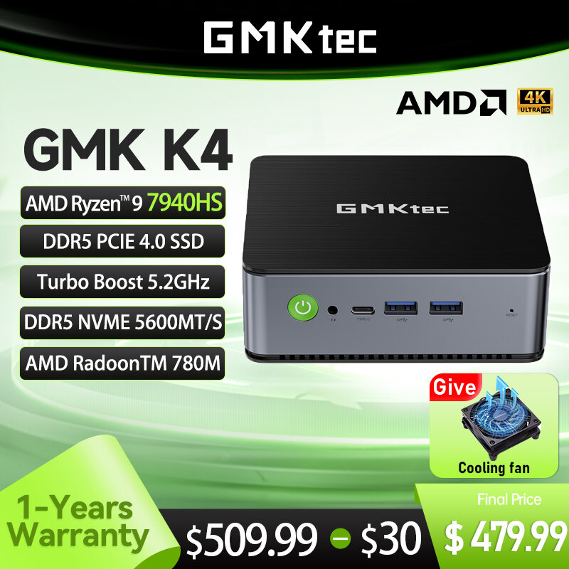 GMKtec-GMK K4 Mini PC, AMD Ryzen 9 7940HS, NUCBOX DDR5, NVME 5600MT, S SSD Max, Windows 11 Pro, 16GB, 1TB, 32GB, WiFi 6, Computador