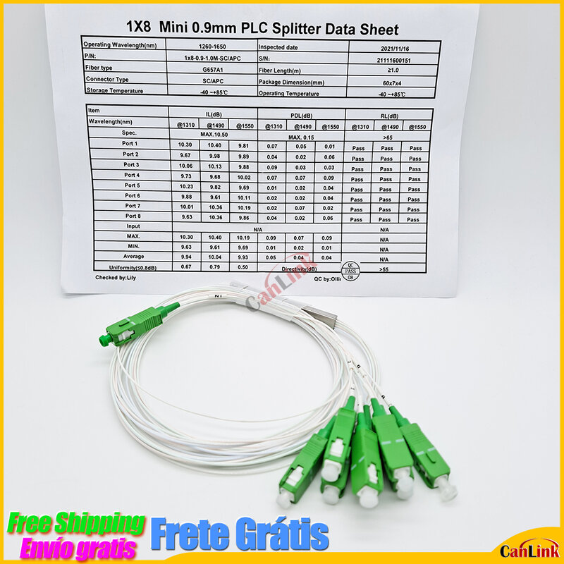 Divisor de fibra óptica, alta qualidade, 1x2, 1x4, 1x8, 1x16, 1x32 plc sc/apc sm, modo único, 0,9mm, g657a1 lszh, 1m