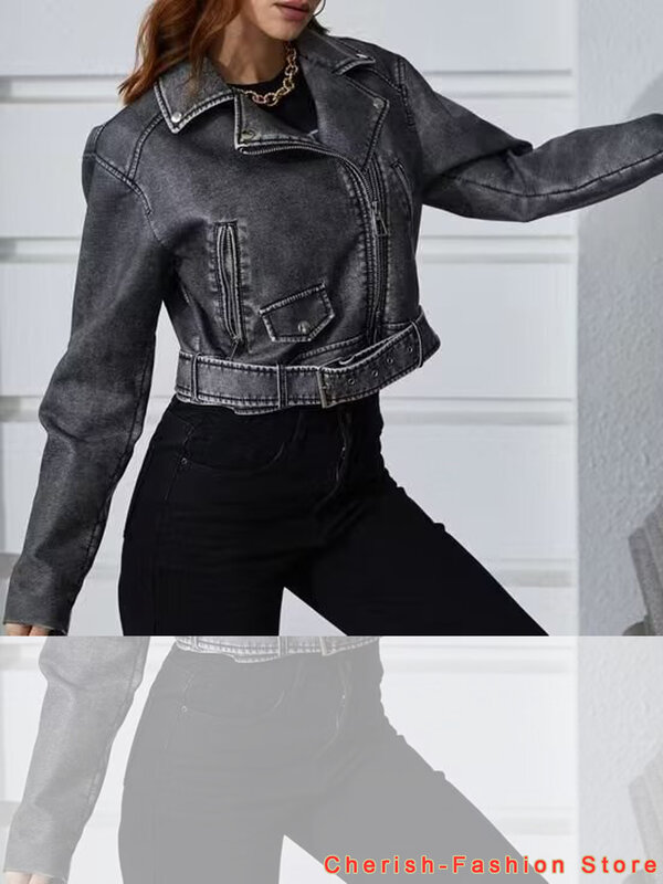 Jaquetas de couro sintético de PU para mulheres, bombardeiro vintage, lavado curto, gradiente, zíper, motociclista, cinza, novo, outono, 2023