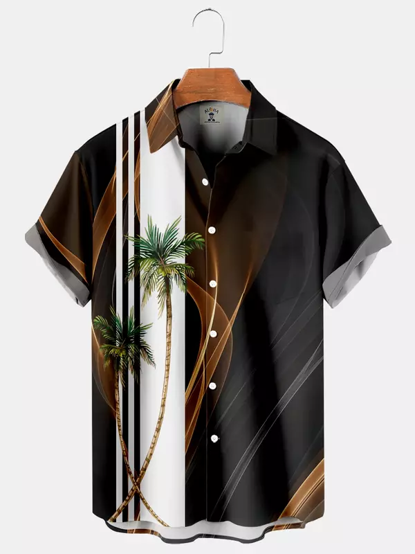 Men's shirt coconut tree print streamer Hawaiian short-sleeved men's lapel top comfortable large size men's short-sleeved shirt