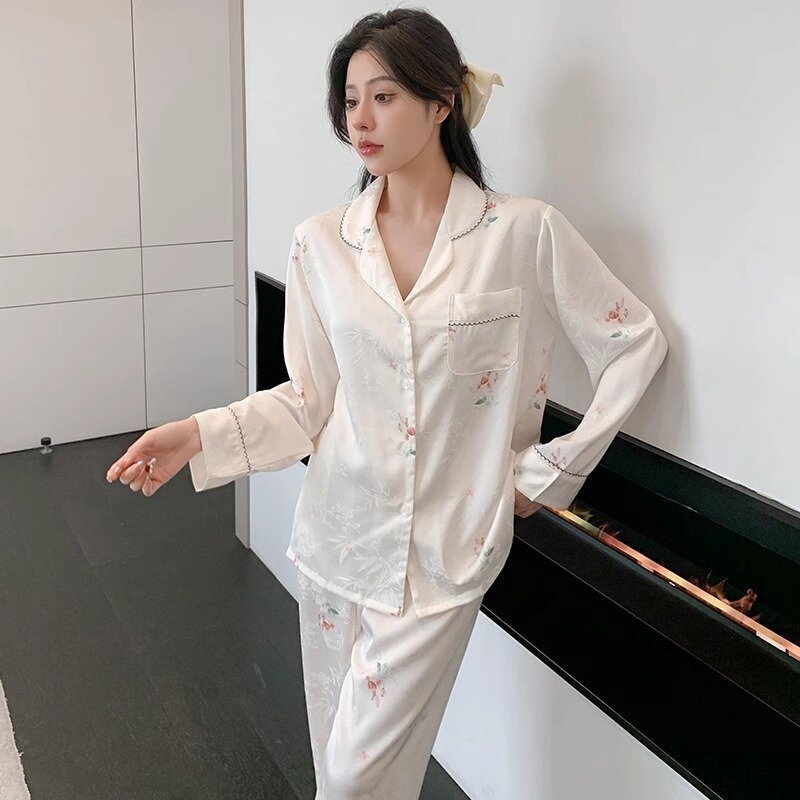 New High-end Ice Silk Pajamas Women's Spring, Summer and Autumn Printed Trousers Thin Silk Long-sleeved Home Clothes