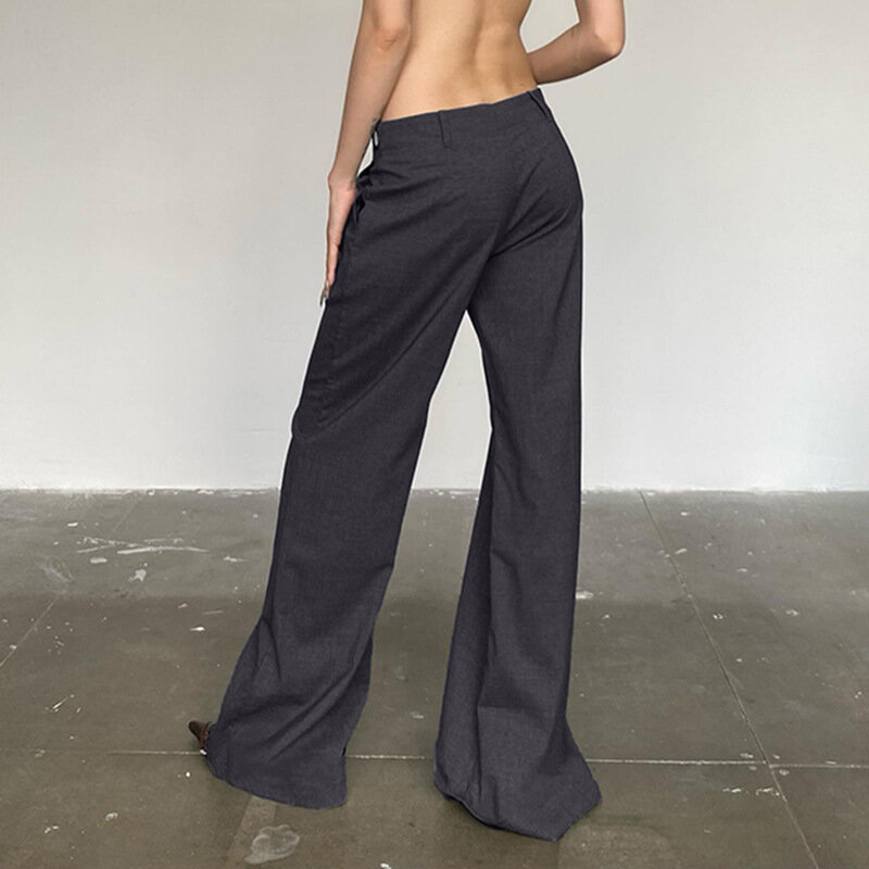 QWEEK Szare spodnie garniturowe Vintage Kobiety Niska talia Streetwear Spodnie z szerokimi nogawkami Y2K Office Lady Eleganckie, wąskie spodnie Casual Flare