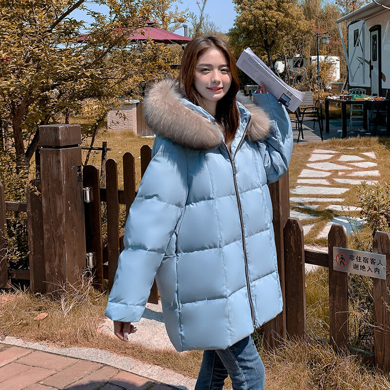 Женский пуховик с меховым воротником, зимняя ветрозащитная свободная Толстая Модель средней длины, куртка, пальто, верхняя одежда с капюшоном, теплая толстовка