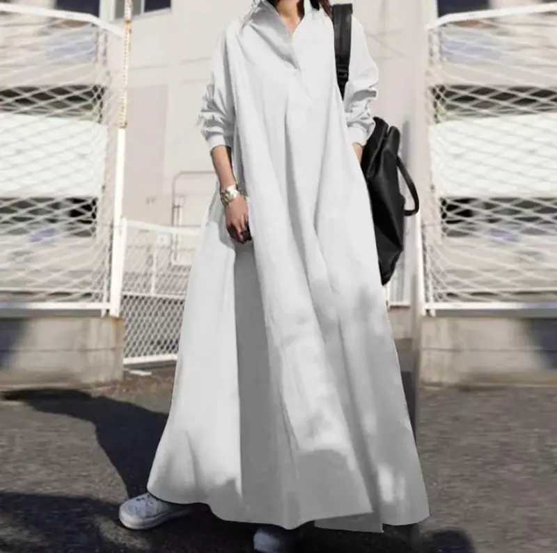 2024 rue femmes nouvelle jupe solide document doux rétro à manches longues col rabattable adt balançoire solide robe YBF10-3