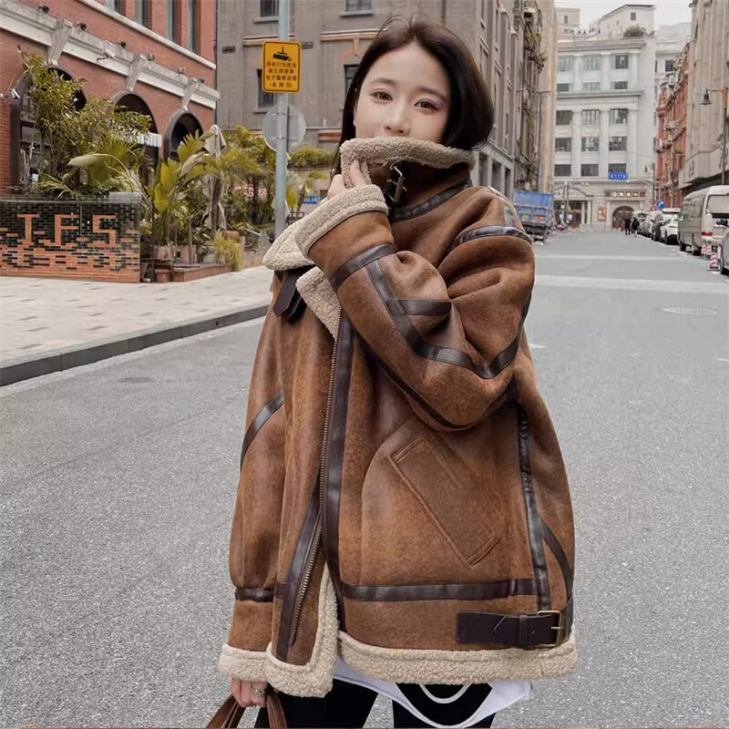 Abrigo de lana de cordero de manga larga para mujer, ropa de motocicleta cálida y engrosada de piel de gamuza de cersión coreana, invierno, 2023