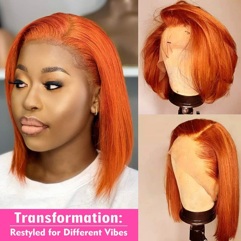 Ginger Lace Front Wigs Bob Wig 13x4 Frontal Glueless Wigs Human Hair Pre Plucked, Color #350 Bob Ginger Wig HD Lace Front Wigs