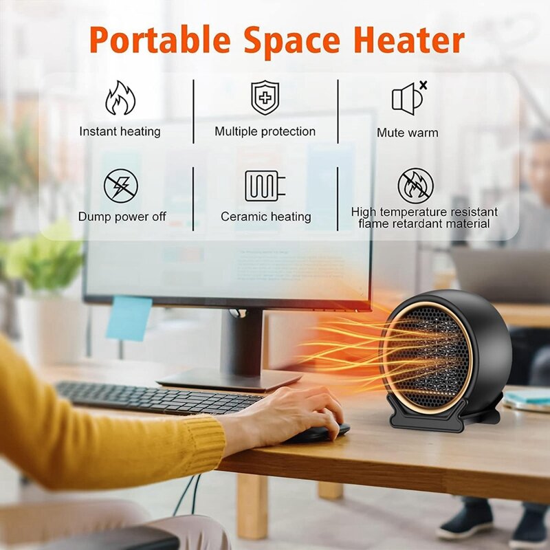 Mini aquecedor de espaço portátil para uso interno, aquecedores energeticamente eficientes para escritório, plugue EU, 2 velocidades, 800-1200W
