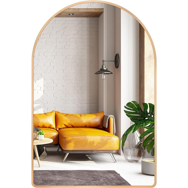 Specchio ad arco grande oro 30x40 pollici, utilizzato per la decorazione del bagno o della parete specchio ad arco, specchio a parete con struttura in metallo spazzolato