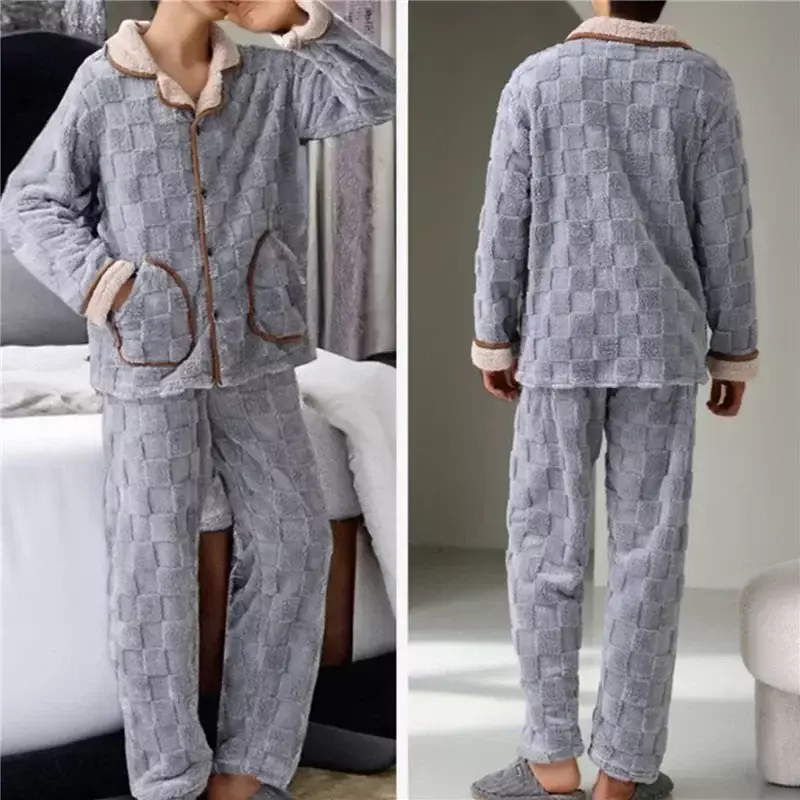 Conjunto de pijama de duas peças masculino, roupa de dormir solta, gola virada para baixo, flanela, manga comprida, quente, jdimitty, outono e inverno