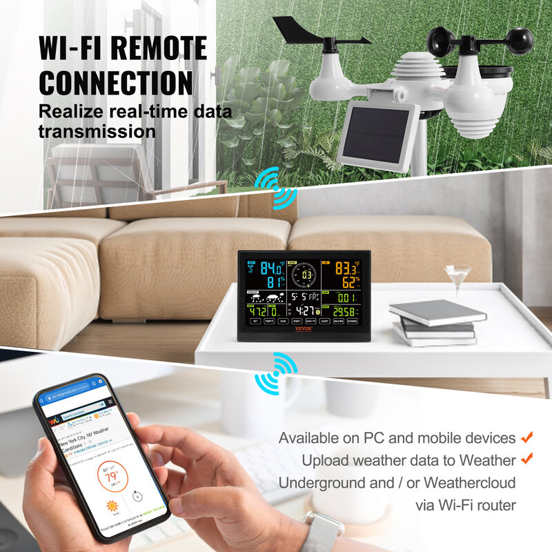 Wi-Fi Метеостанция VEVOR 7 в 1 с цветным дисплеем и датчиком температуры и влажности