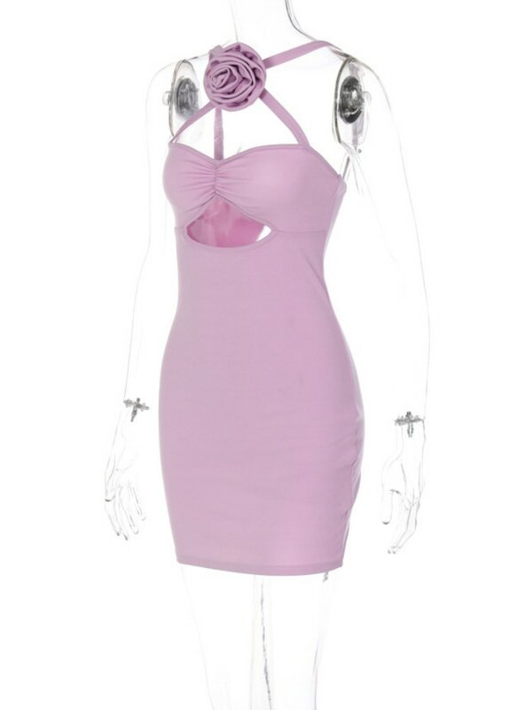 Женское мини-платье с вырезами, облегающее платье без рукавов, цельнокроеное платье, ярко-фиолетовая одежда, сексуальный цветок, Y2k