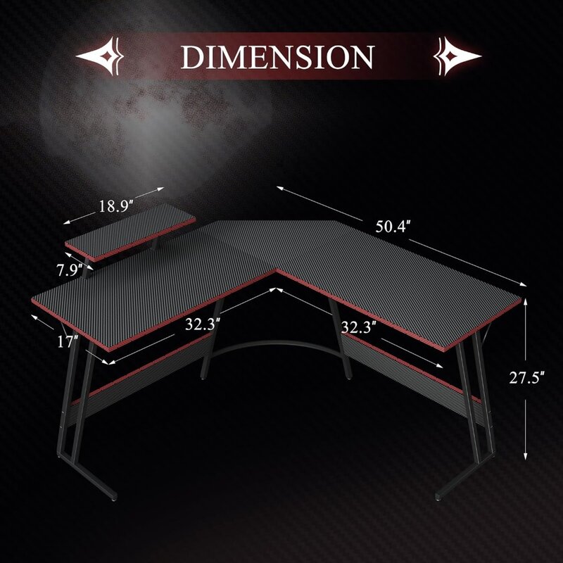 Bureau de jeu en forme de L, table d'angle pour ordinateur de 51 pouces avec grand support de moniteur et surface en fibre de carbone