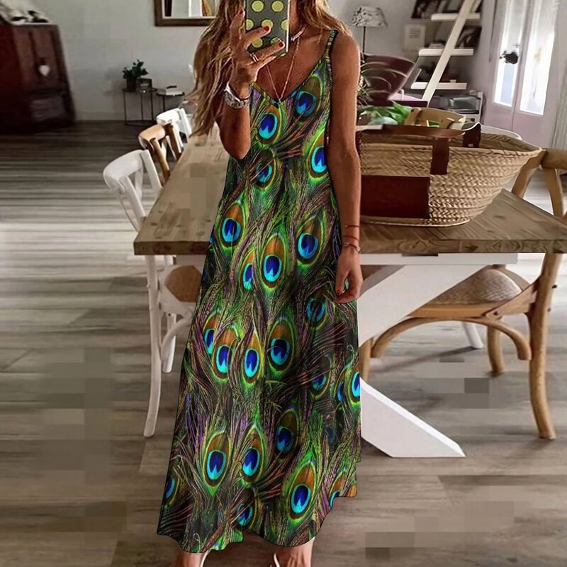 Женское вечернее платье без рукавов, Повседневное платье с павлиньими перьями, лето 2023