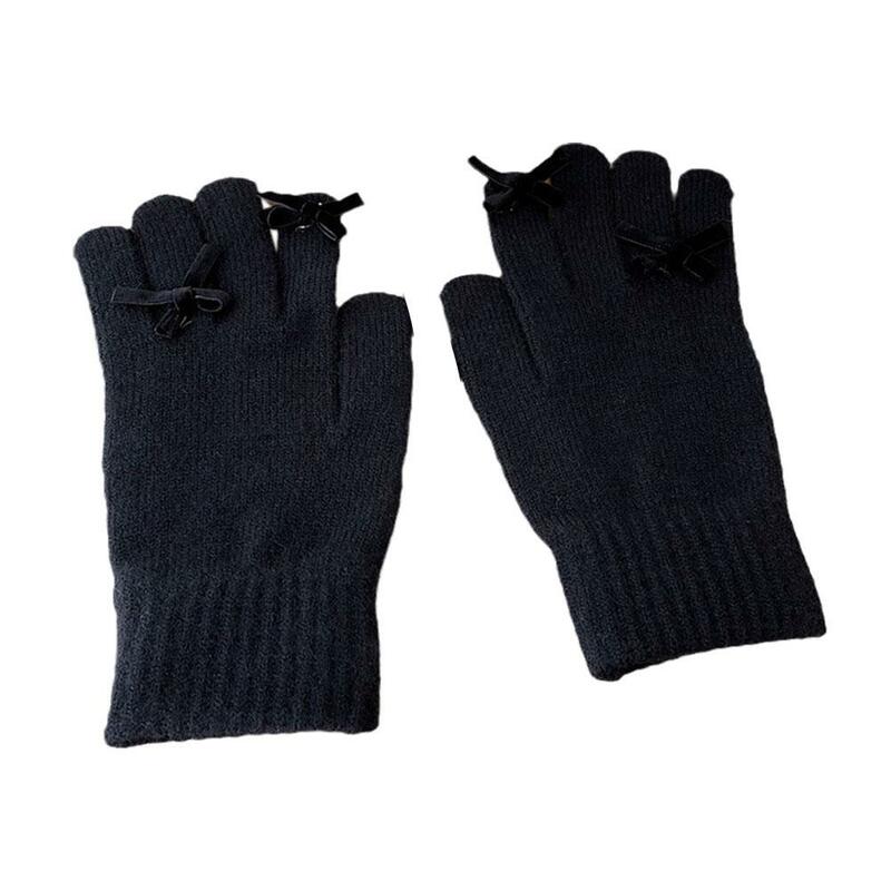 1 para damskich dzianinowych rękawiczek z kokardą zimowe ciepłe podzielony ekran wełniane rękawice z kaszmiru rękawiczki na palec prezent damskie Cro C2Q5
