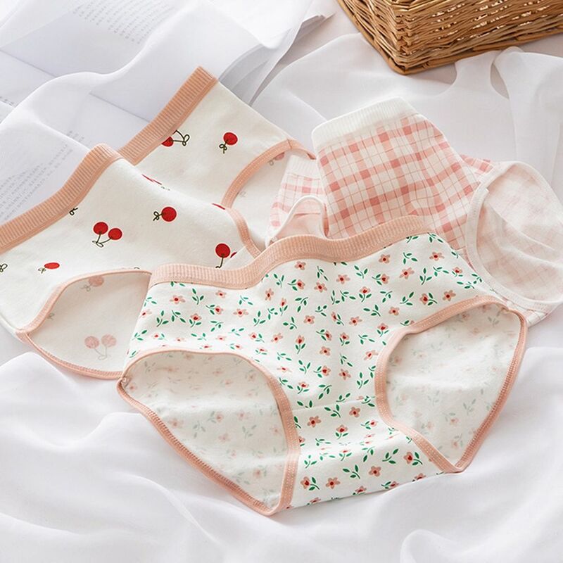 Sexy Korean Cotton Crotch Mid Waist Sweet Girl Stripe Women Intimates Cherry Printed Briefs Floral Panties