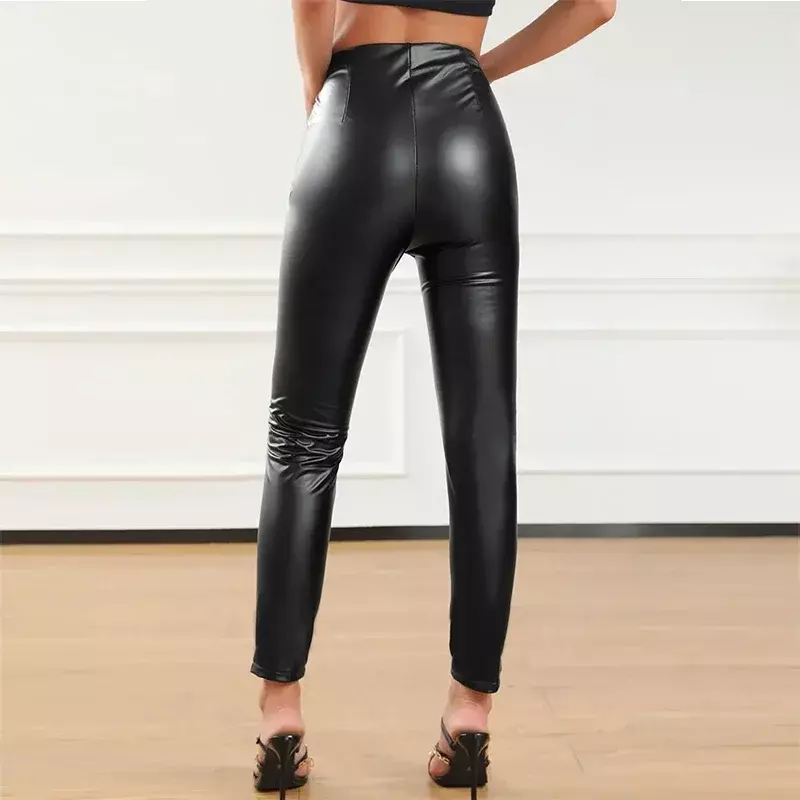 Black Matte Faux Leather Women Pencil Pants Ladies Casual High Waist Front Zip Open Splicing PU Stretch Slim Trousers New Custom