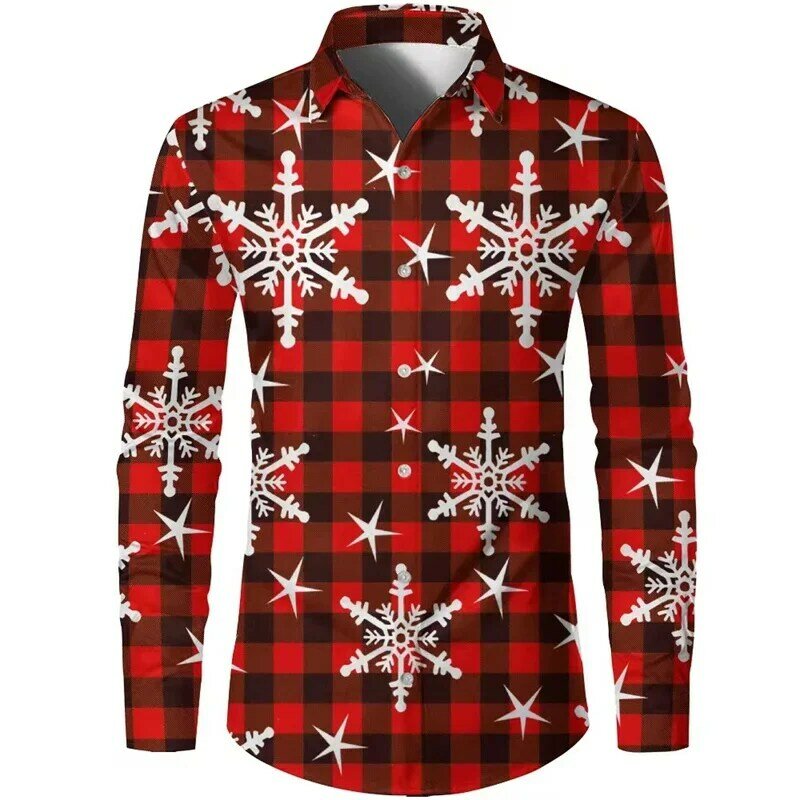 Camisa de copo de nieve de Navidad para hombre, botón de solapa, manga larga, Papá Noel rojo, a cuadros, patrón cuadrado HD, cómoda y suave, 2023