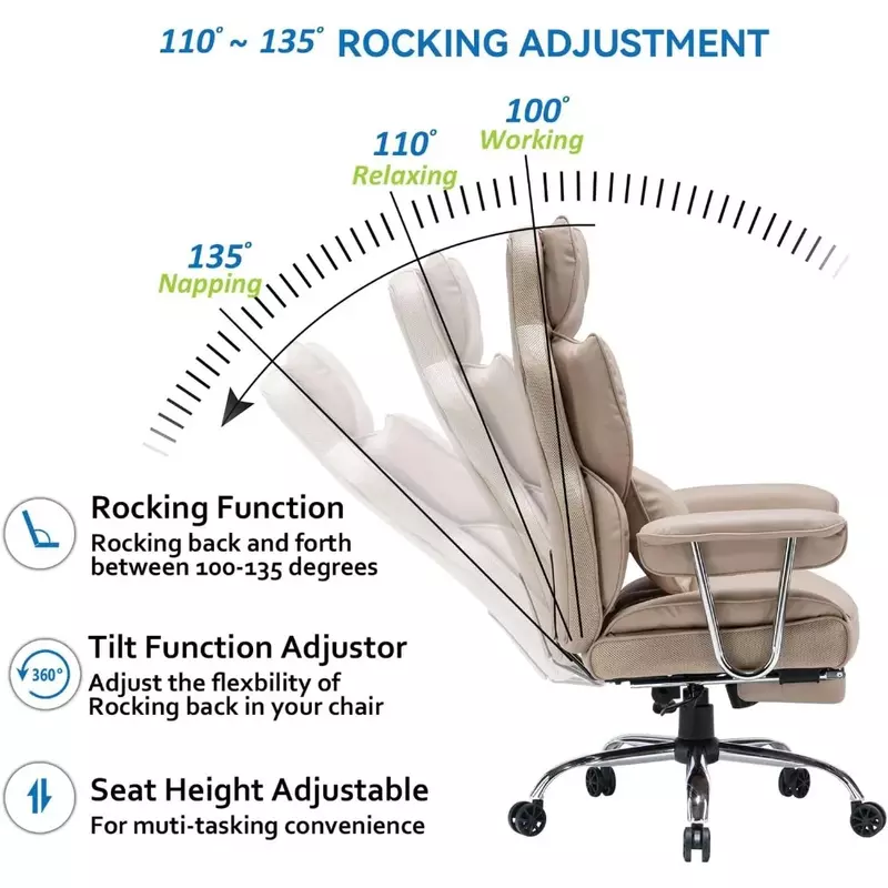 PU Leather Office Desk Chair com perna resto e apoio à cintura, cadeira alta do computador, bege escuro, 400lbs