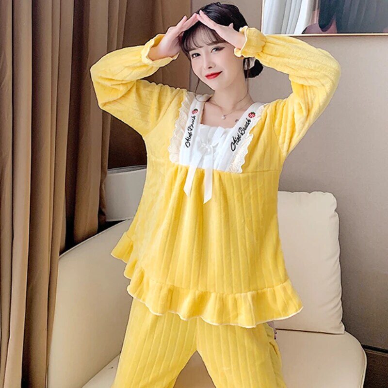 Conjunto de pijama de estilo coreano para mujer, ropa de dormir informal, holgada, con cuello cuadrado, elegante, a la moda, para el día a día, para invierno