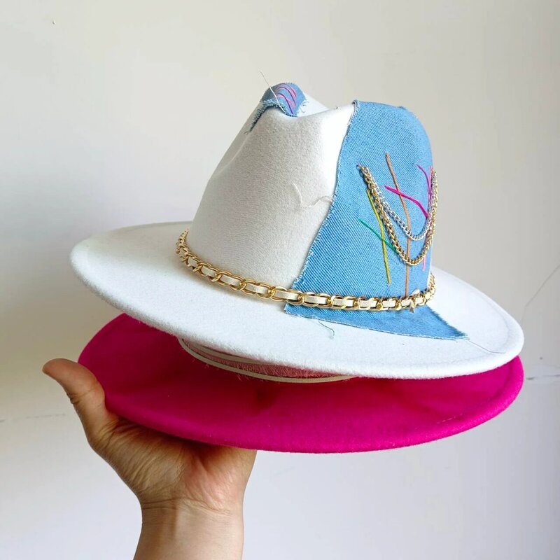 Chapéu artesanal costurado irregularmente denim patch para homens e mulheres, Fedora monocromático, chapéu ajustável