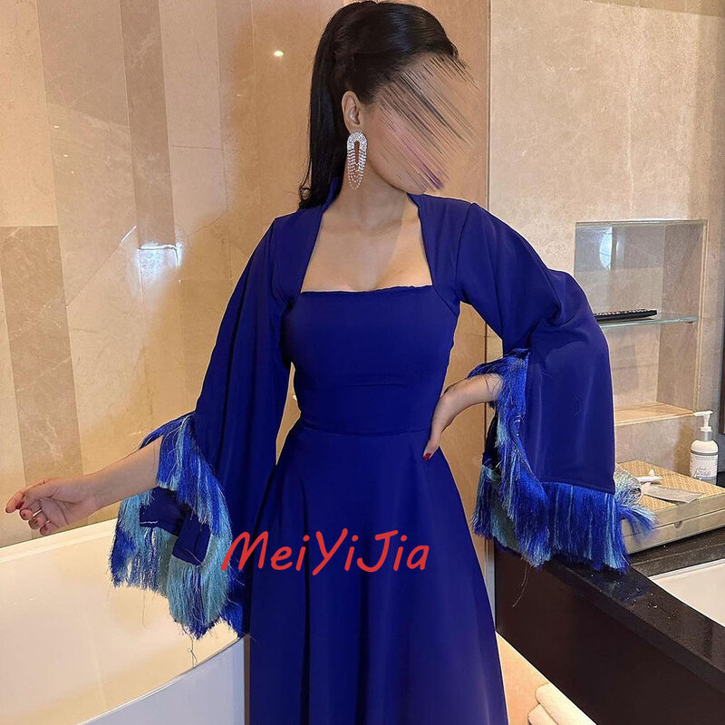 Meiyijia-vestido de noche de Arabia Saudita, traje elegante de manga larga con cuello cuadrado y borlas, Sexy, de verano, 2024