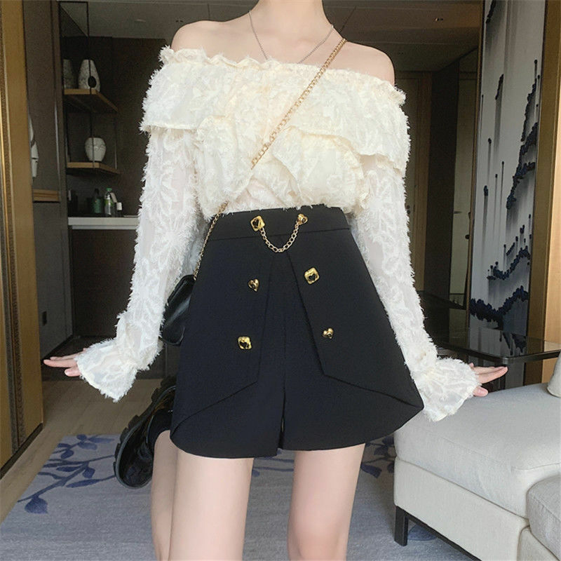 Korean Women's Solid Color Chic Chain Spliced Shorts Summer Female Clothing All-match A-Line Fashion Button High Waist Pants