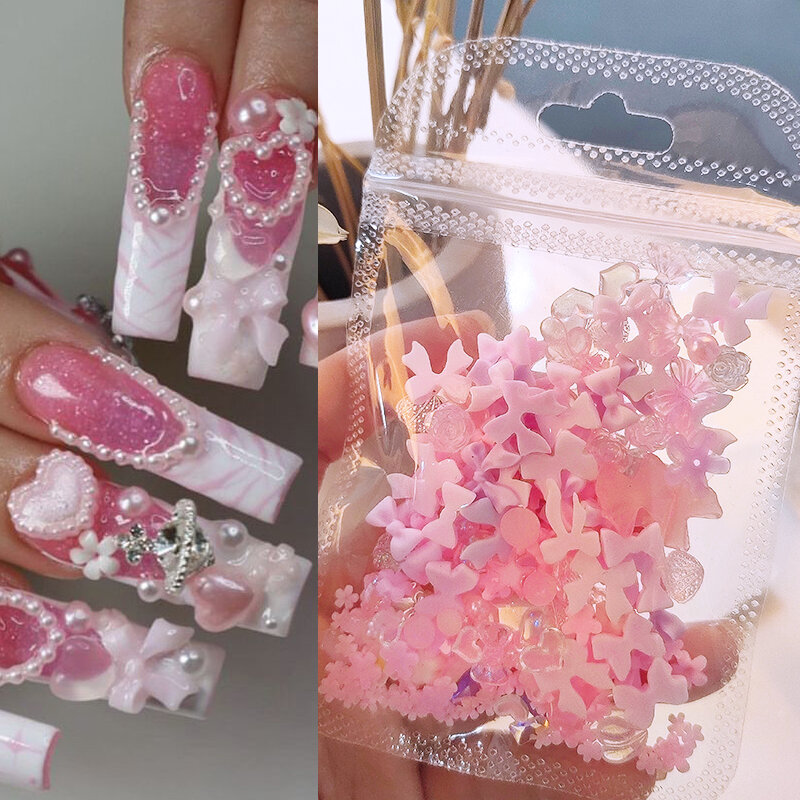 1 borsa Mix gelatina colorata nastro trasparente Bowknot Charms per unghie cuore perle fiore gemme a schiena piatta parti decorazioni per Manicure per unghie