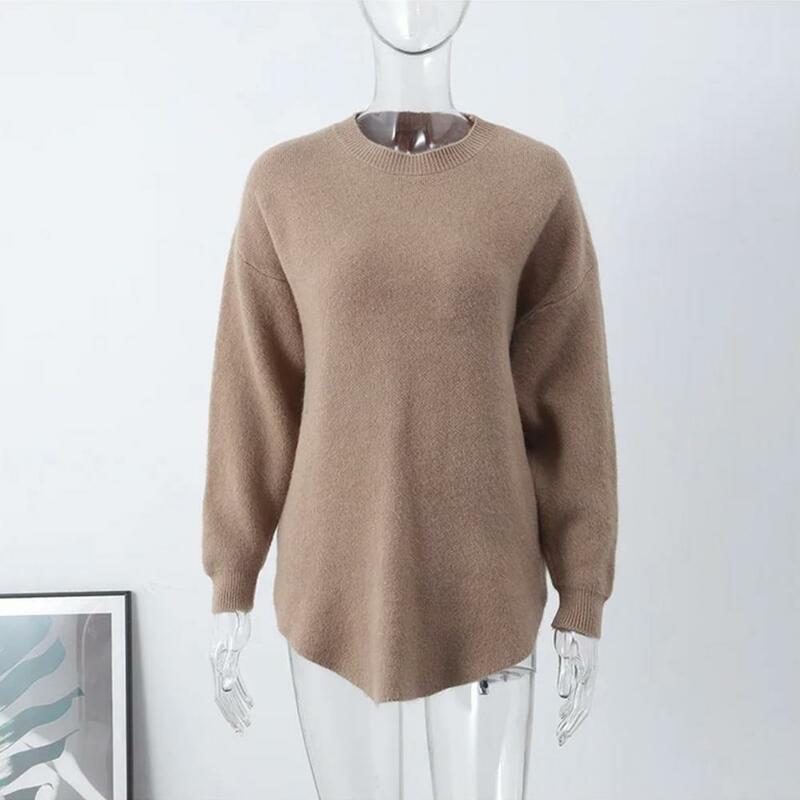 Thick Lady Top Cozy Mid-length Solid Color Sweater for Women Loose Fit Round Neck Pullover with Irregular Hem Thick for Women