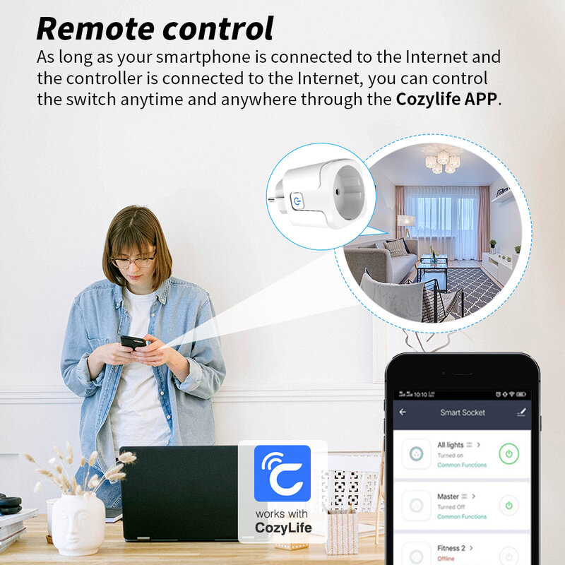 Sixwgh Smart Home Sockel WiFi 16a EU-Stecker Steckdose Cozylife Fernbedienung Timer Power Monitor Unterstützung Voice Google Home Alexa