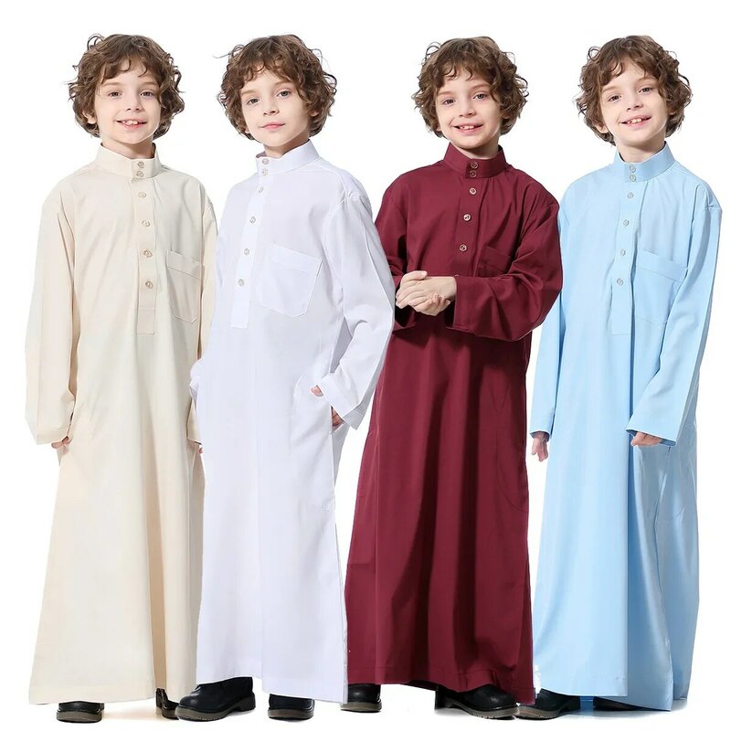 Muzułmańskie dzieci Abaya Ramadan Jubba modlitwa Thobe Boy długa sukienka dla dzieci Kaftan szata muzułmańska sukienka z kołnierzem dla Kaftan Dubai Arab