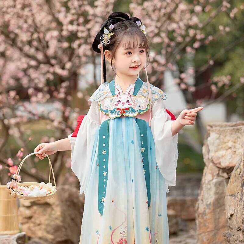 중국 스타일 토끼 자수 드레스 당나라 정장 여아용, 슈퍼 요정 고대 의상 여름