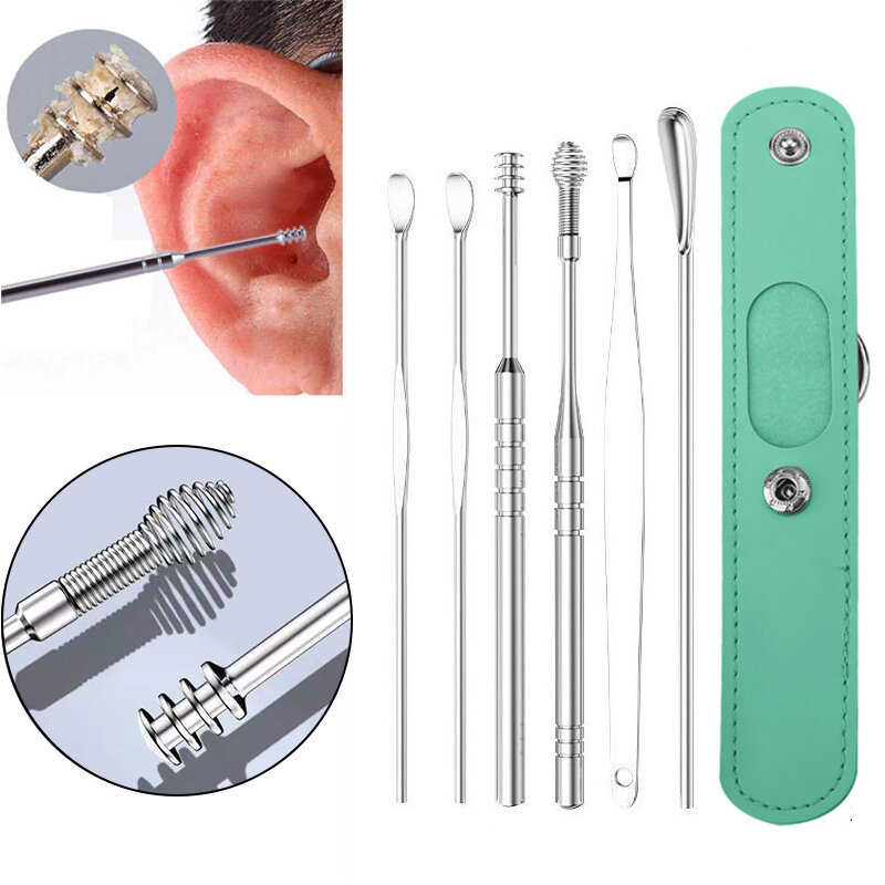 6 buah/Set Pembersih kotoran telinga baja antikarat alat pelepas kotoran telinga sendok pembersih pemetik lilin telinga sendok perawatan telinga