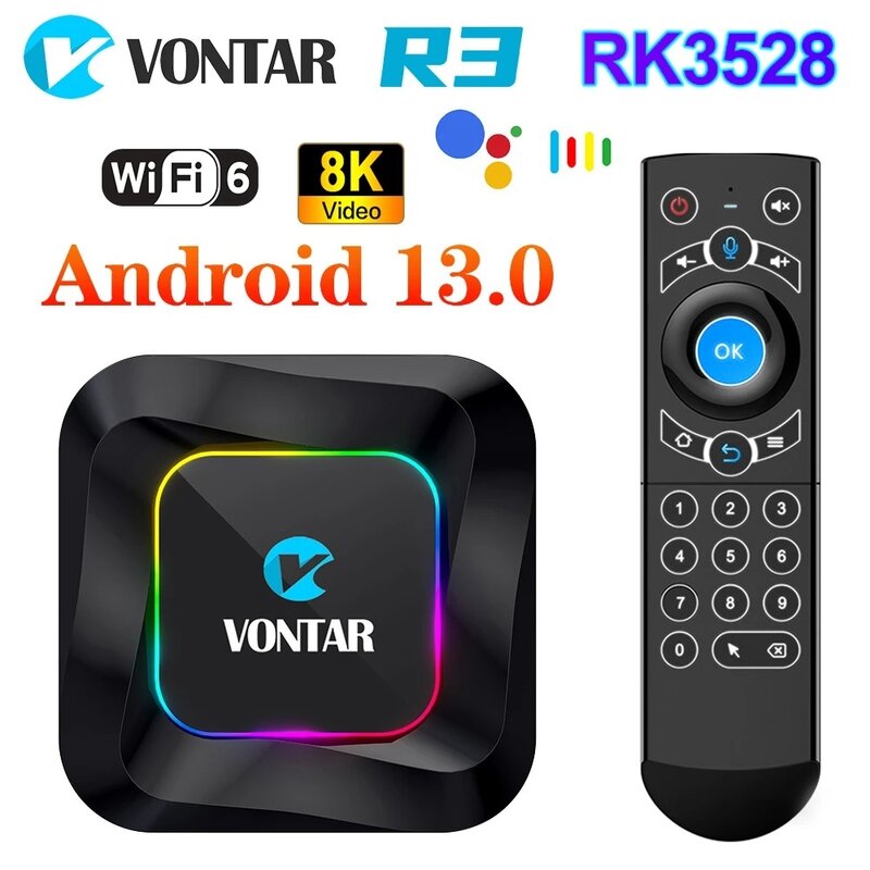 VONTAR-R3 RGB TV Box, Android 13, Rockchip RK3528, prise en charge de la vidéo 8K, BTpig, WiFi 6, prise en charge de l'entrée vocale Google, lecteur multimédia, décodeur