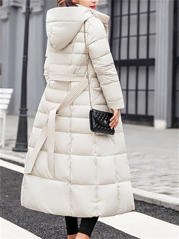 Elegancka, długa parki damskie jesienno-zimowe nowe koreańskie modne płaszcze z kapturem zagęszczają ciepłe kurtki damskie długie płaszcze Y2k