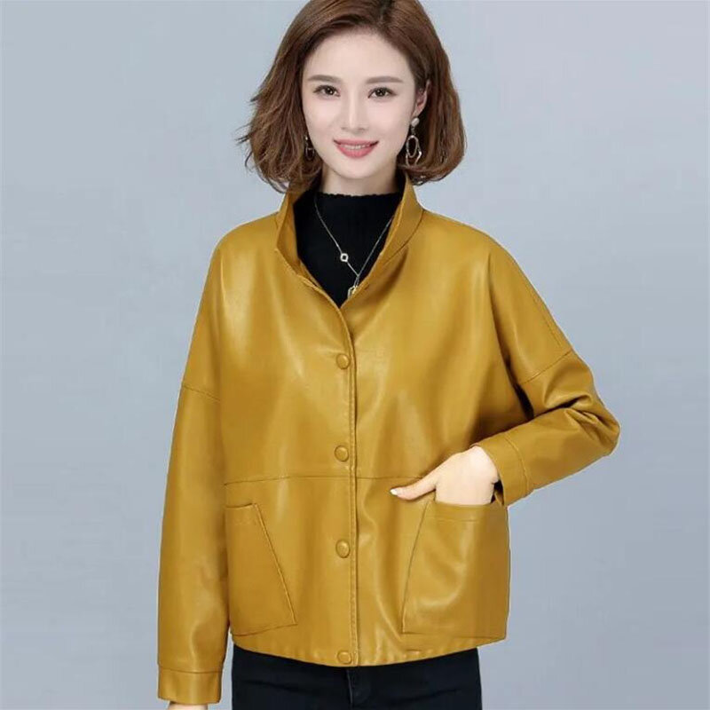 Women's Motorcycle Leather Coat NEW 2023 Spring Autumn Jackets Fashion Pu Imitation Sheepskin Leather Outwear Tops Female 4XL