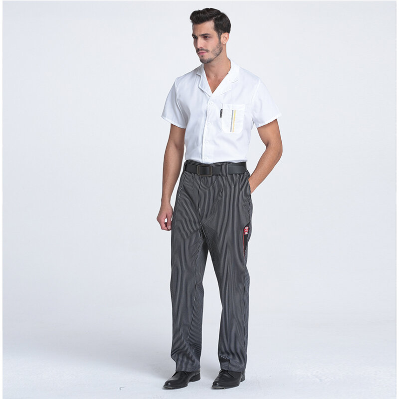 Uniforme de chef de restaurant, pantalon de chef, vêtement de travail élastique à rayures grises pour hommes, pantalon zèbre, costume de cuisine