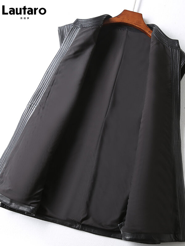 Lautaro Spring Autumn Black Soft Pu Leather Vest Luxury Brand with Belt Luxury Elegant Office Sleeveless Jackets for Women 2022