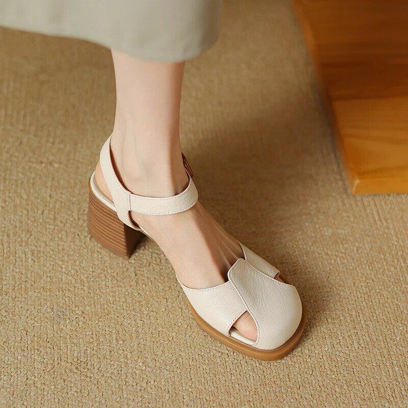 RIZABINA-Sandálias de couro real para mulheres, dedo do pé fechado, fivela de metal, salto alto grosso, sapatos de verão, sapatos casuais diários, tamanho 36-40