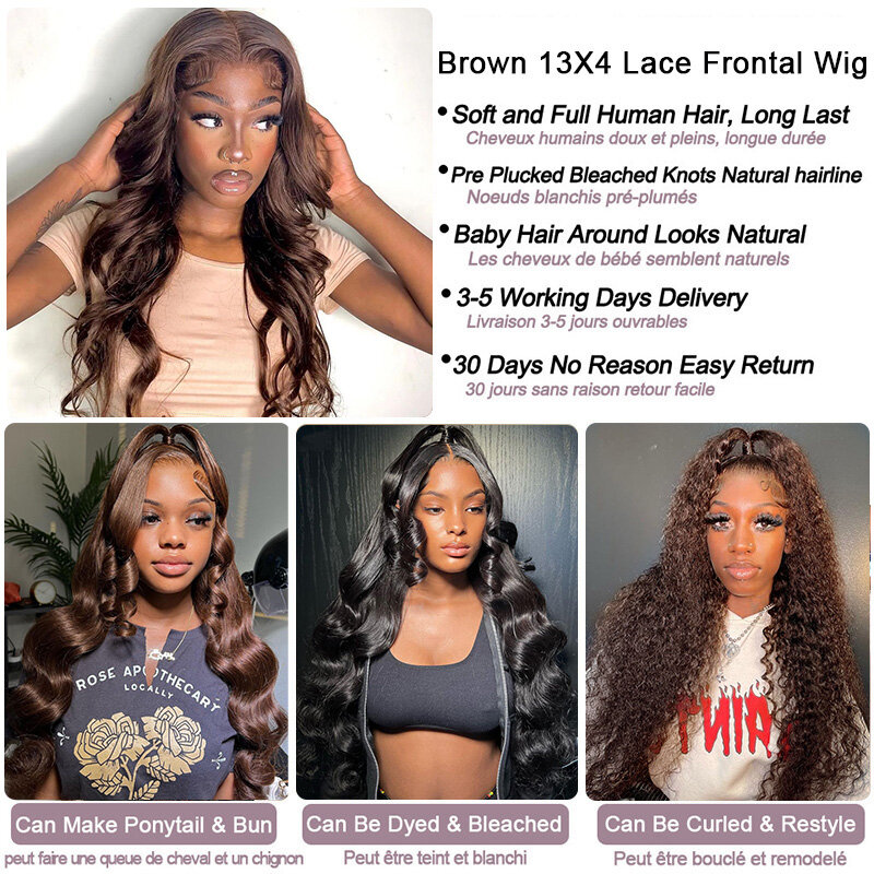 Chocolate Brown Lace Frontal Wig Body Wave 13x6 Transparent Lace Frontal Wig Dark Brown Human Hair Wig Remy PrePlucked For Women