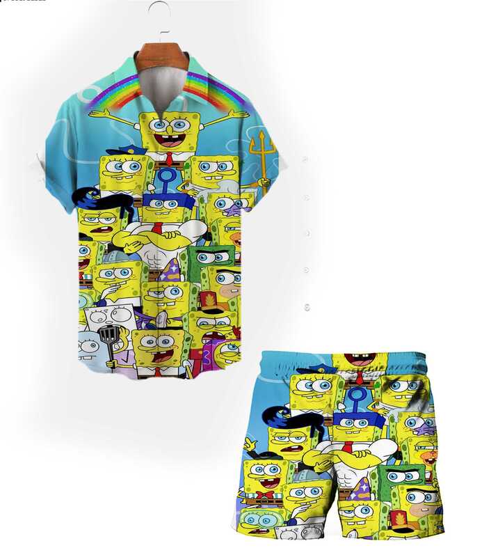 Street Harajuku styl 2024 nowe letnie Spongebob kreskówka męskie klapy z krótkim rękawem topy spodenki plażowe moda garnitur casual y2k