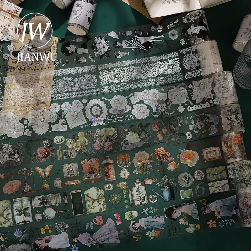 JIANWU-rollo de cinta para decoración de mascotas, Material de paisajismo de personajes de flores literarias, bricolaje creativo, diario, Collage, papelería, 200cm