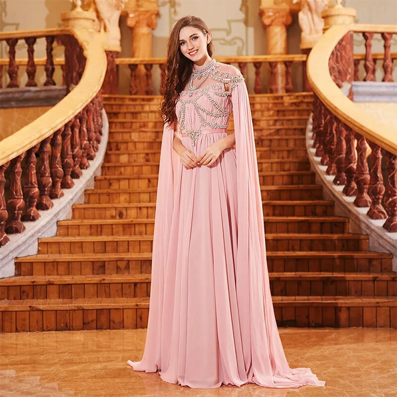 Elegantes vestidos de noite muçulmanos rosa, ilusão A-line, gola alta, cristal, islâmico, Dubai, kaftan, árabe saudita, vestido de noite longo