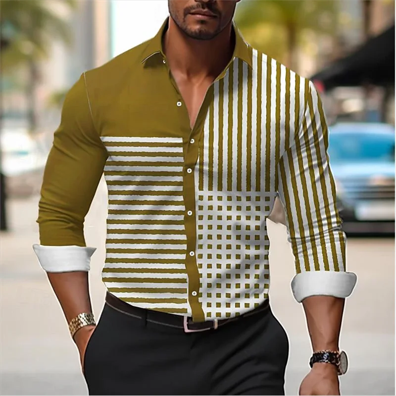 Camisa de manga comprida com padrão listrado masculina, botão lapela, top respirável, tecido macio confortável, moda casual, solta