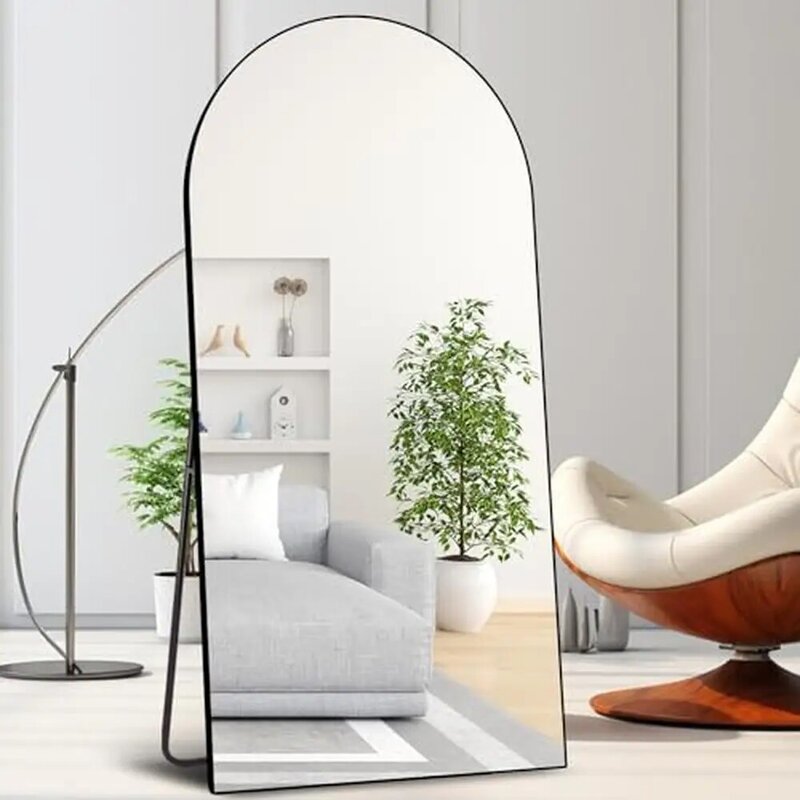 대형 아치 거울 전체 길이 알루미늄 합금 프레임 바닥 거울, 스탠드 및 걸이식 거실 침실 장식