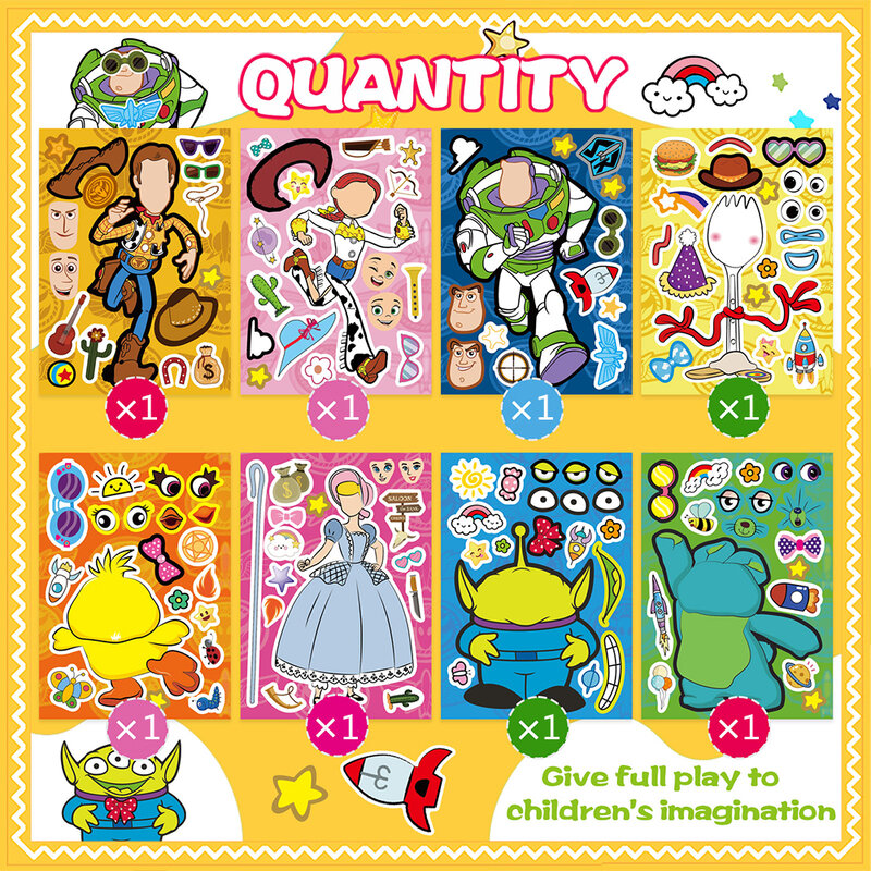 Disney Toy Story Puzzle Stickers for Children, Make a Face, DIY Game, Brinquedos Educativos, Kids Cartoon Assemble, Decalques Jigsaw, 8 Folhas, 16 Folhas