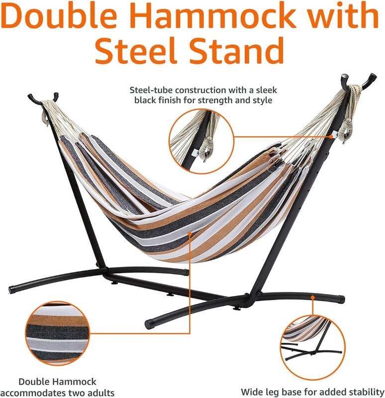 Basics Double Hammock with 9-Foot Space Saving Steel Stand and Carrying Case, 450 lb Capacity, Multi Color, 118 x 46 x 39