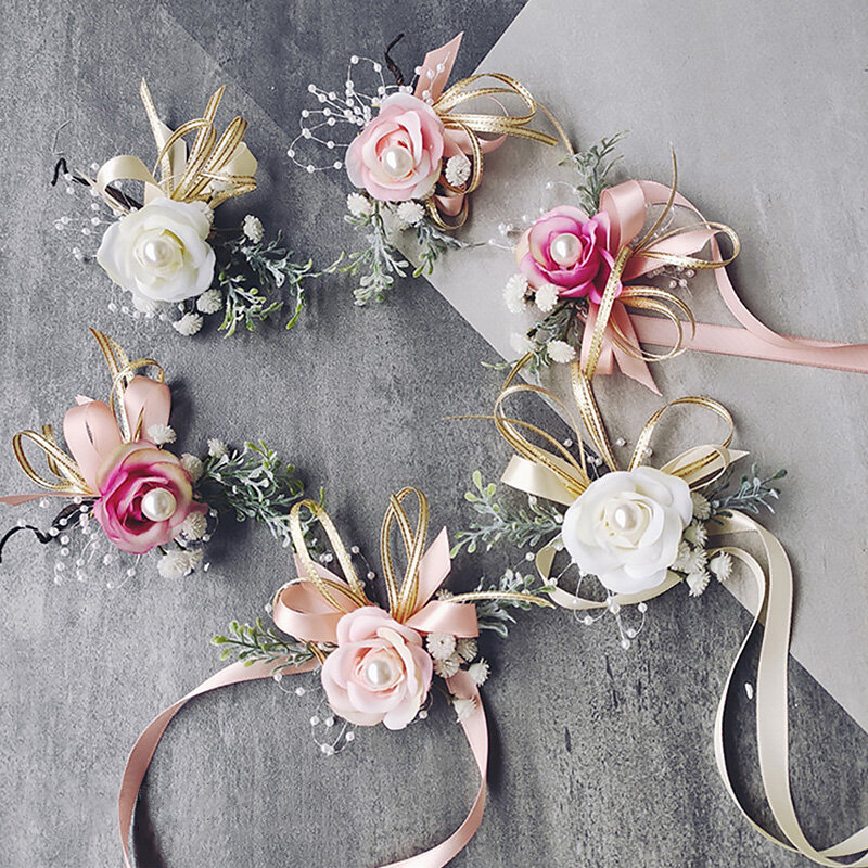 Elegante spilla da corpetto fiore a mano nastro di perle fiori da polso nastro fiocco di perle regali da sposa fiori a mano accessori da sposa