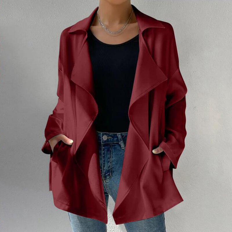 Куртка женская с отложным воротником, повседневный однотонный кардиган свободного покроя, Элегантная модная верхняя одежда с длинным рукавом, Осень-зима