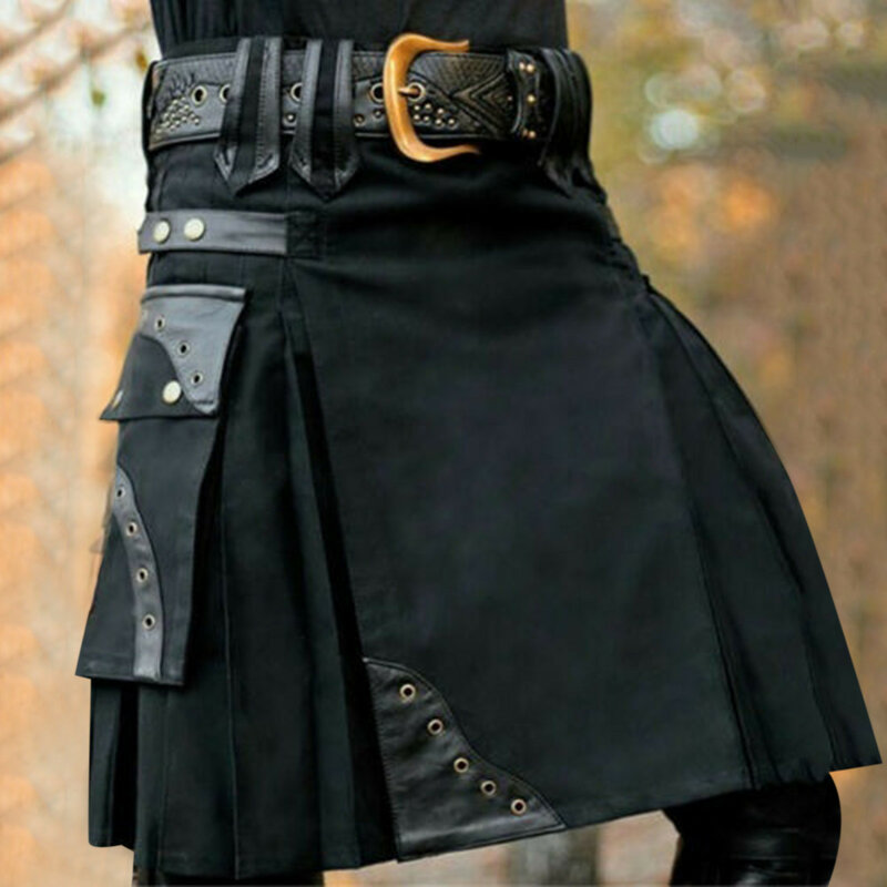 Sabuk logam lipit Kilt Man Warrior kargo Kilt saku keren Kilt warna Solid Gothic Kilt baru Skotlandia pria Kilt tradisional