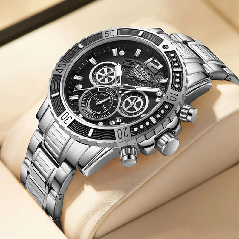 Часы наручные LIGE Мужские кварцевые, модные роскошные оригинальные спортивные водонепроницаемые полностью стальные, в стиле милитари